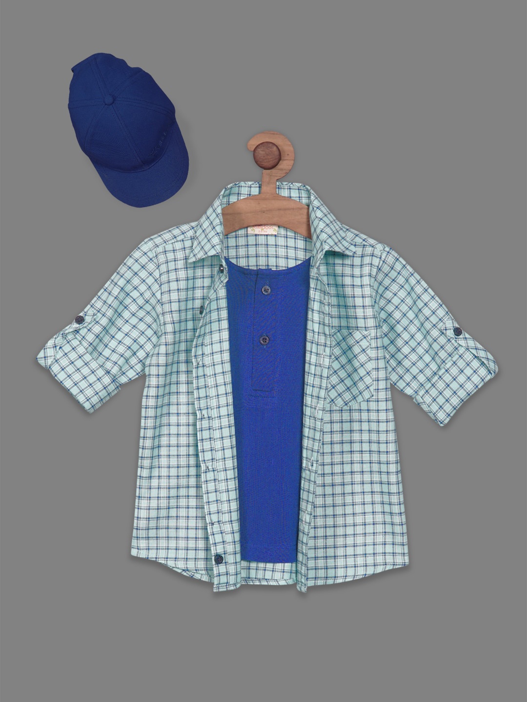 

RIKIDOOS Boys Checked Cotton Casual Shirt With Sporty Cap, Green