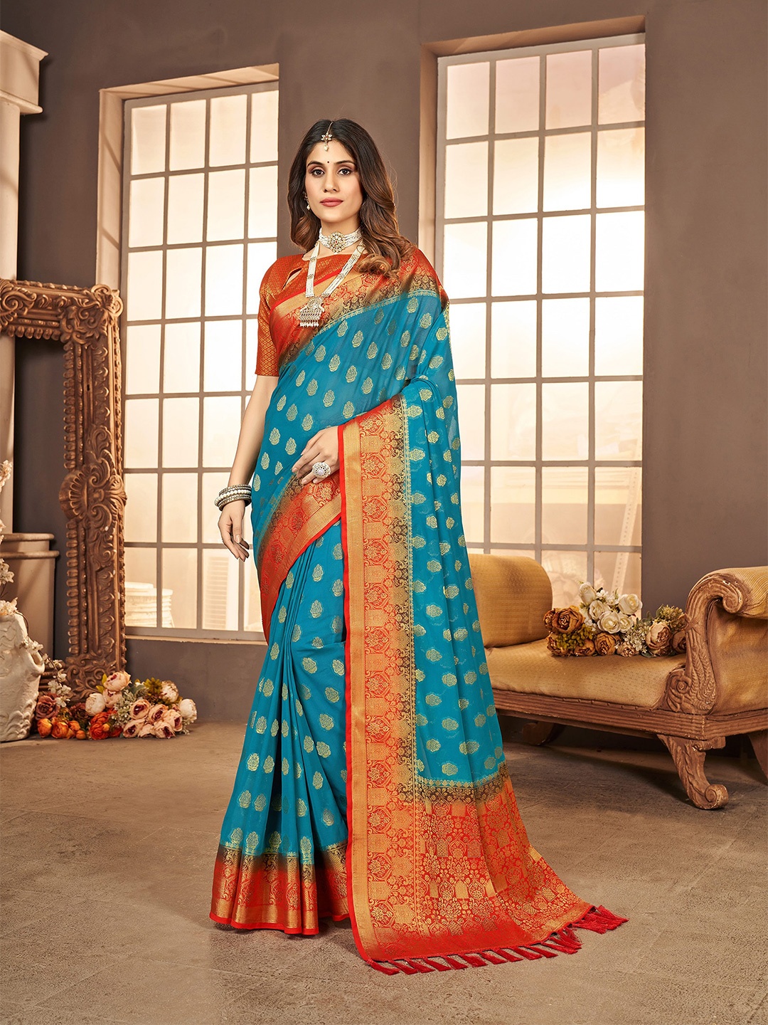 

elora Ethnic Motifs Woven Design Banarasi Saree, Blue