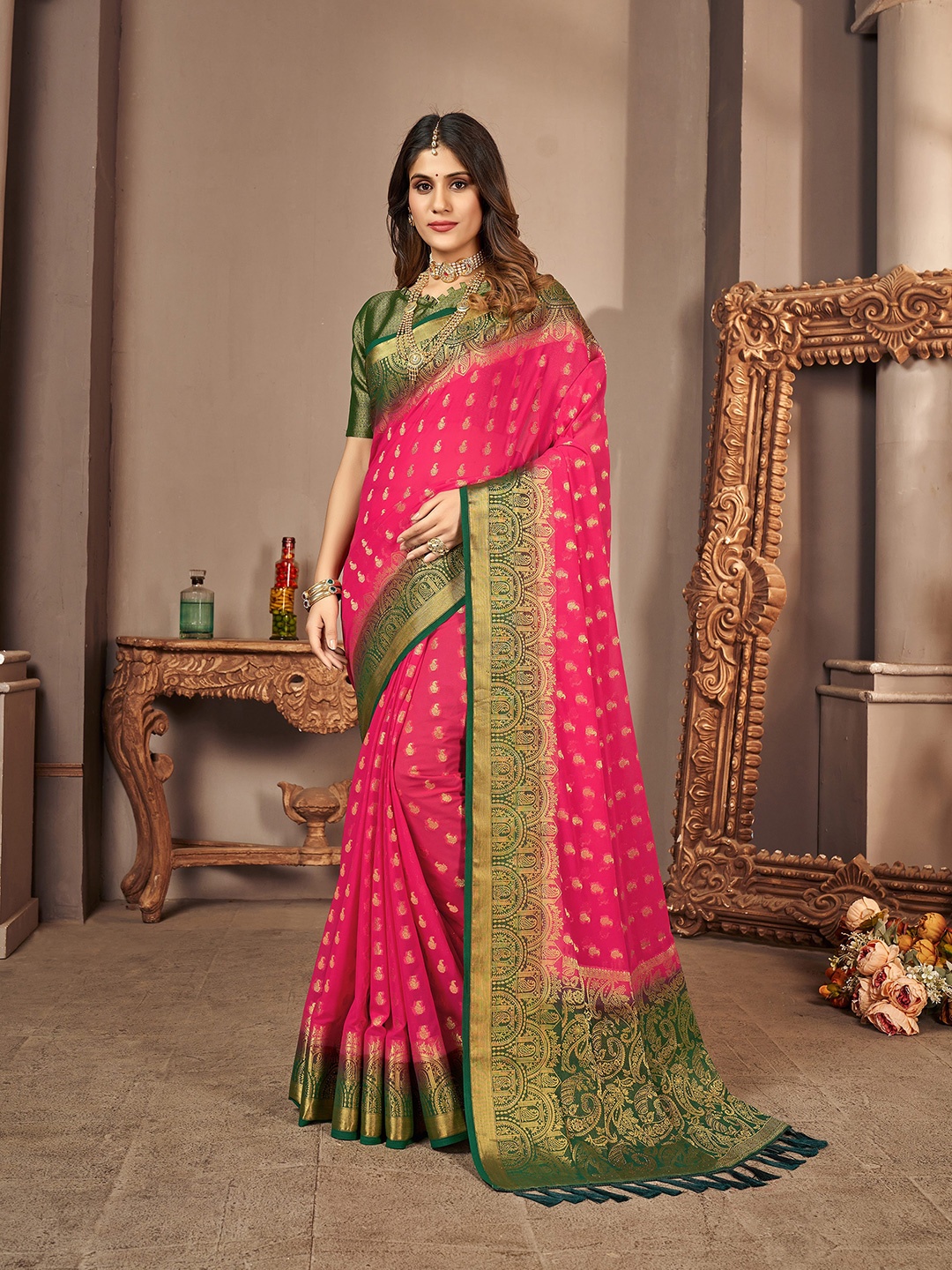 

elora Ethnic Motifs Woven Design Banarasi Saree, Pink