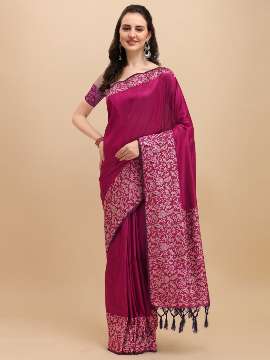 

VISHNU WEAVES Woven Design Zari Border Bhagalpuri Saree, Pink