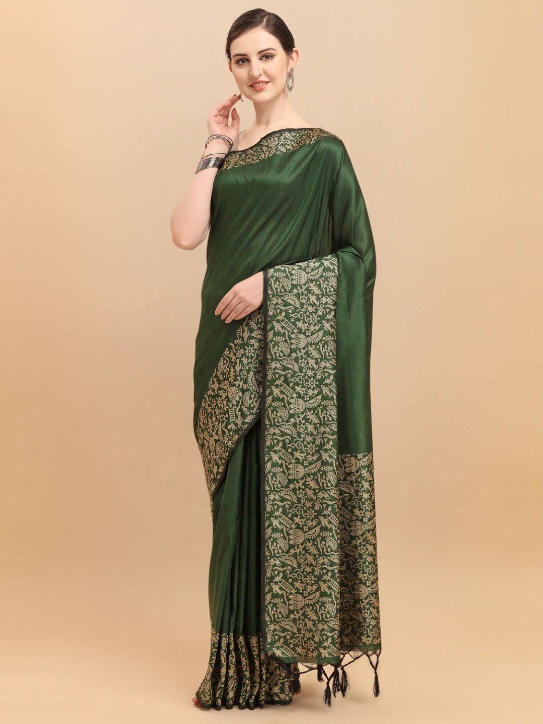 

VISHNU WEAVES Kalamkari Bhagalpuri Saree, Green