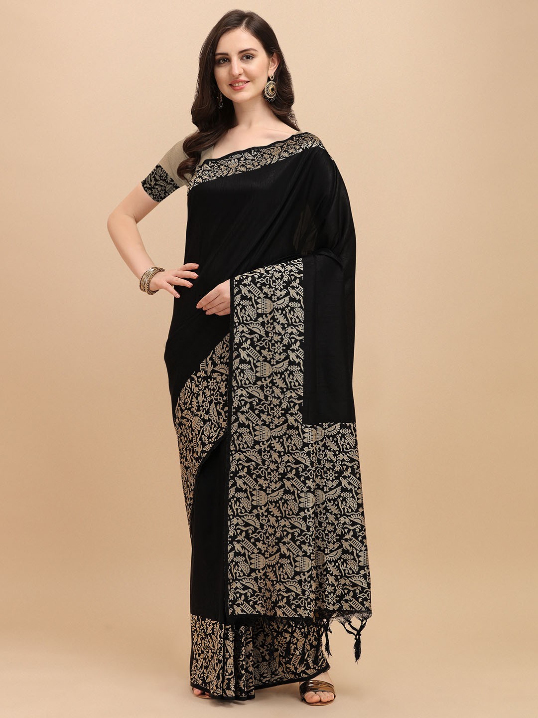

VISHNU WEAVES Zari Bhagalpuri Saree, Black