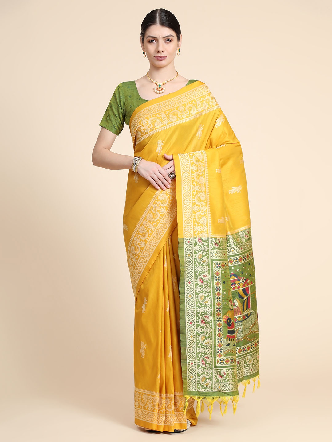 

VISHNU WEAVES Woven Design Zari Bhagalpuri Saree, Yellow