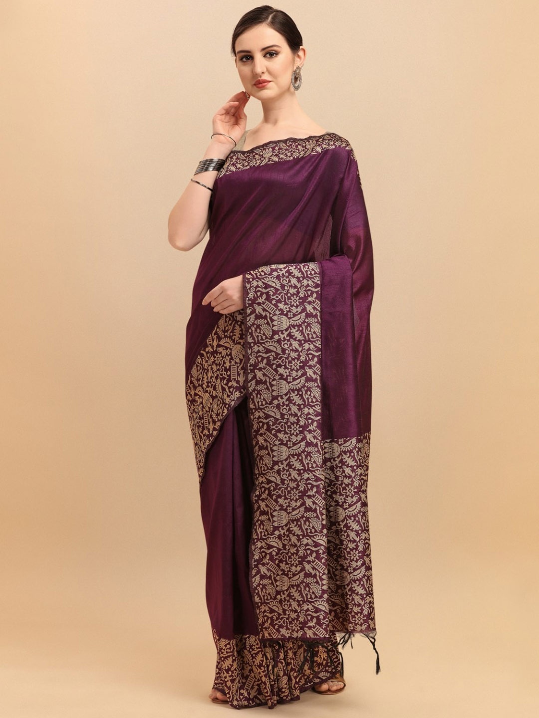 

VISHNU WEAVES Floral Printed Bhagalpuri Saree, Purple