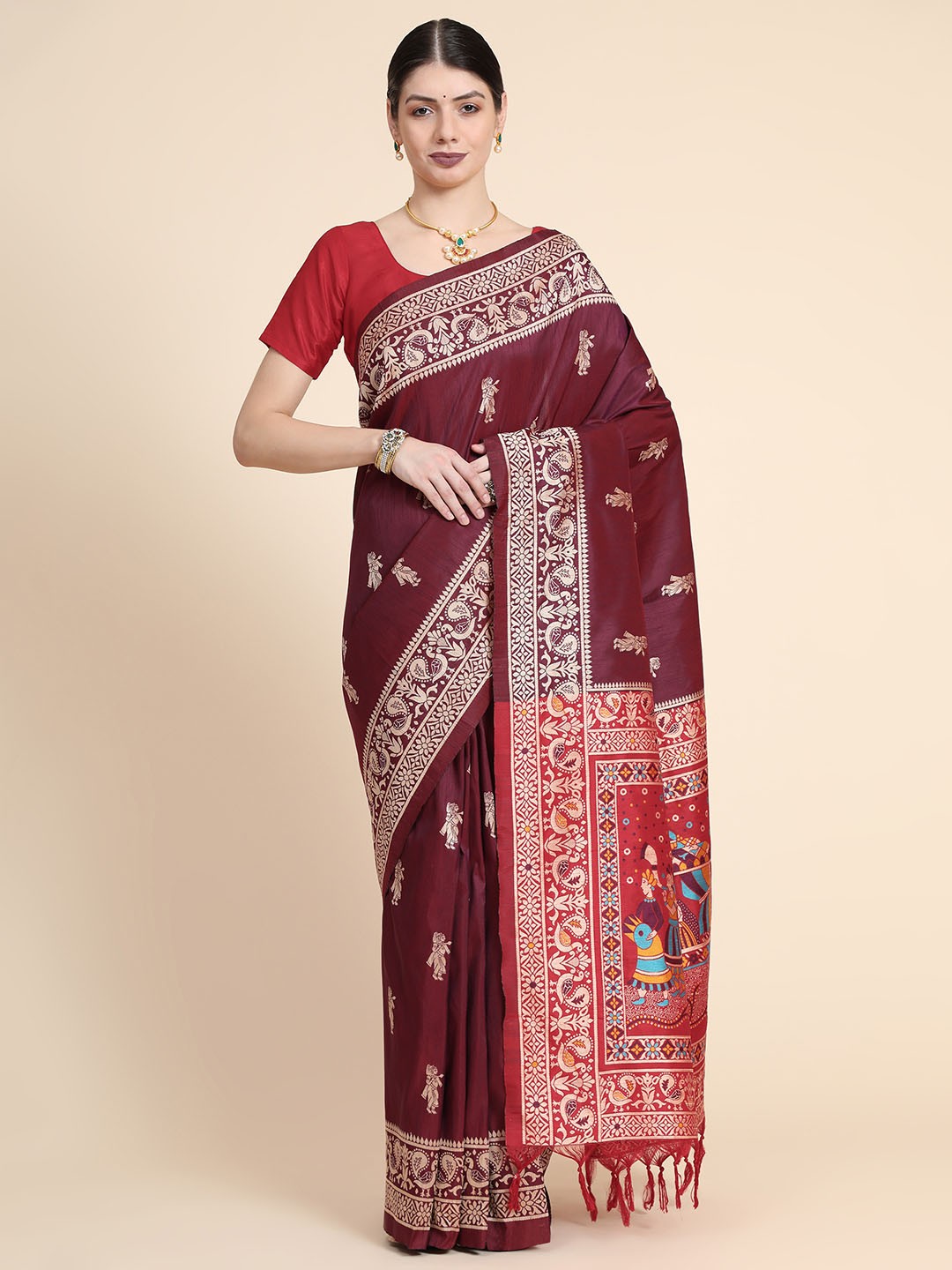 

VISHNU WEAVES Woven Design Zari Bhagalpuri Saree, Burgundy