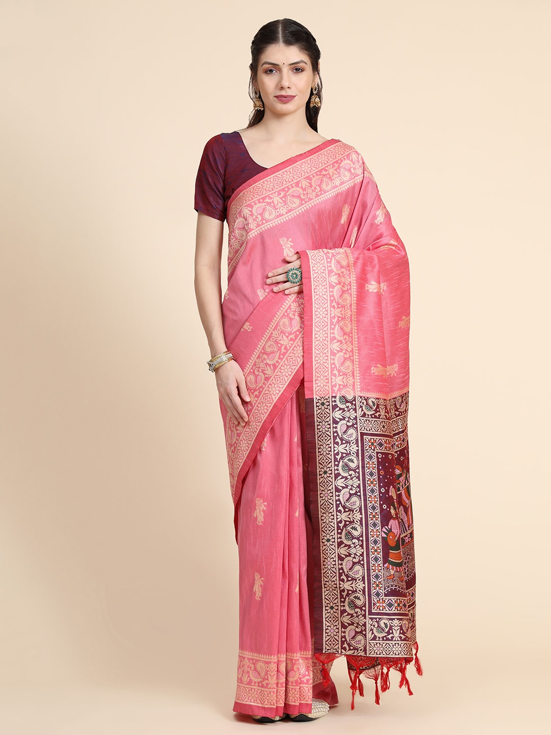 

VISHNU WEAVES Woven Design Zari Bhagalpuri Saree, Pink