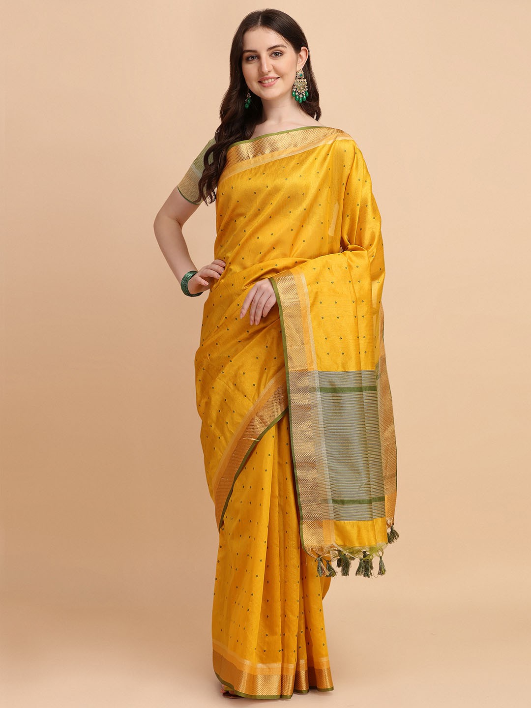 

VISHNU WEAVES Woven Design Zari Silk Cotton Bandhani Saree, Yellow