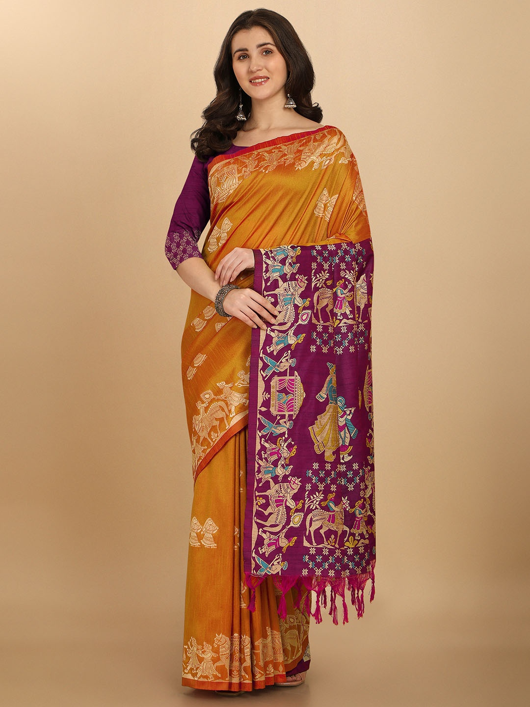 

VISHNU WEAVES Woven Design Zari Bhagalpuri Saree, Mustard