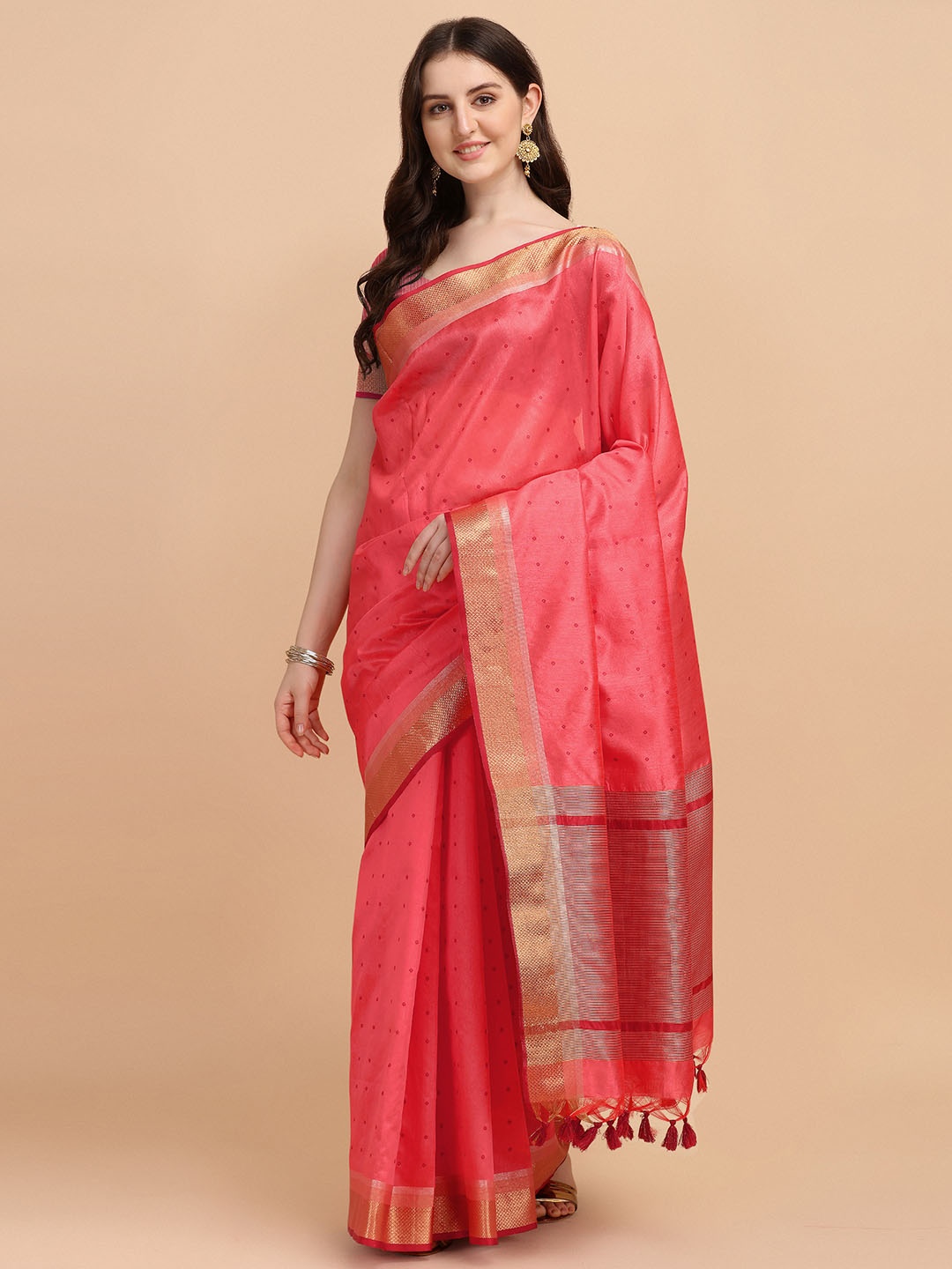 

VISHNU WEAVES Woven Design Zari Silk Cotton Bandhani Saree, Pink