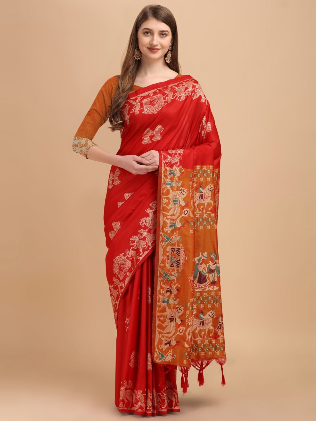 

VISHNU WEAVES Woven Design Zari Bhagalpuri Saree, Red