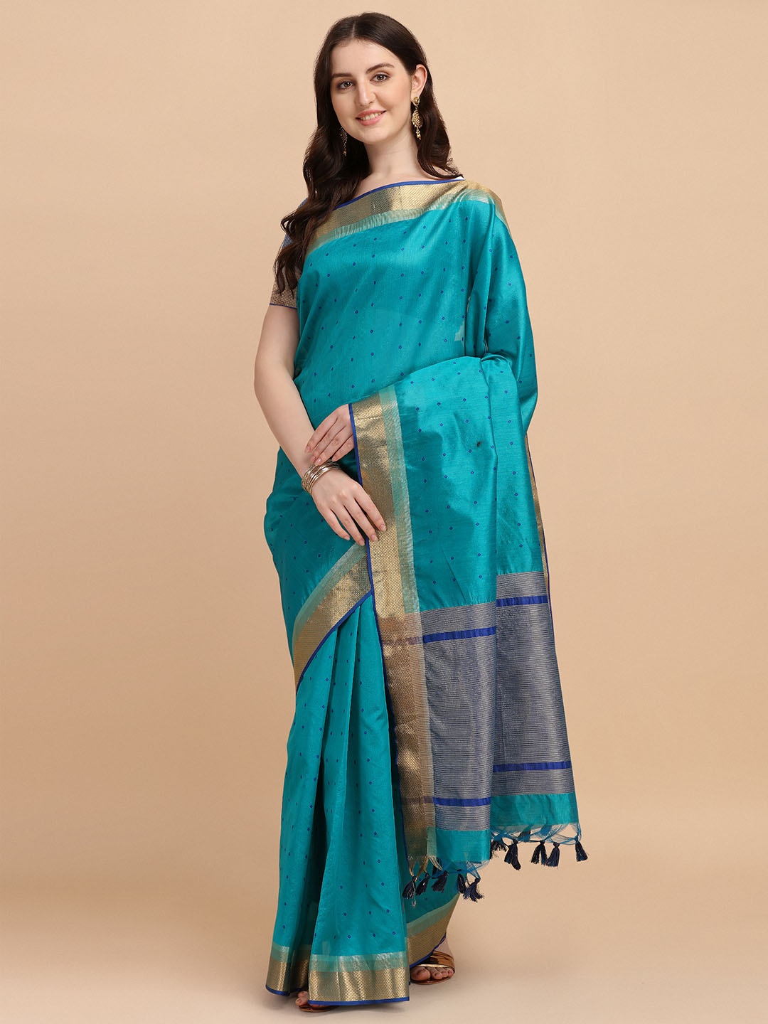 

VISHNU WEAVES Woven Design Zari Silk Cotton Bandhani Saree, Turquoise blue