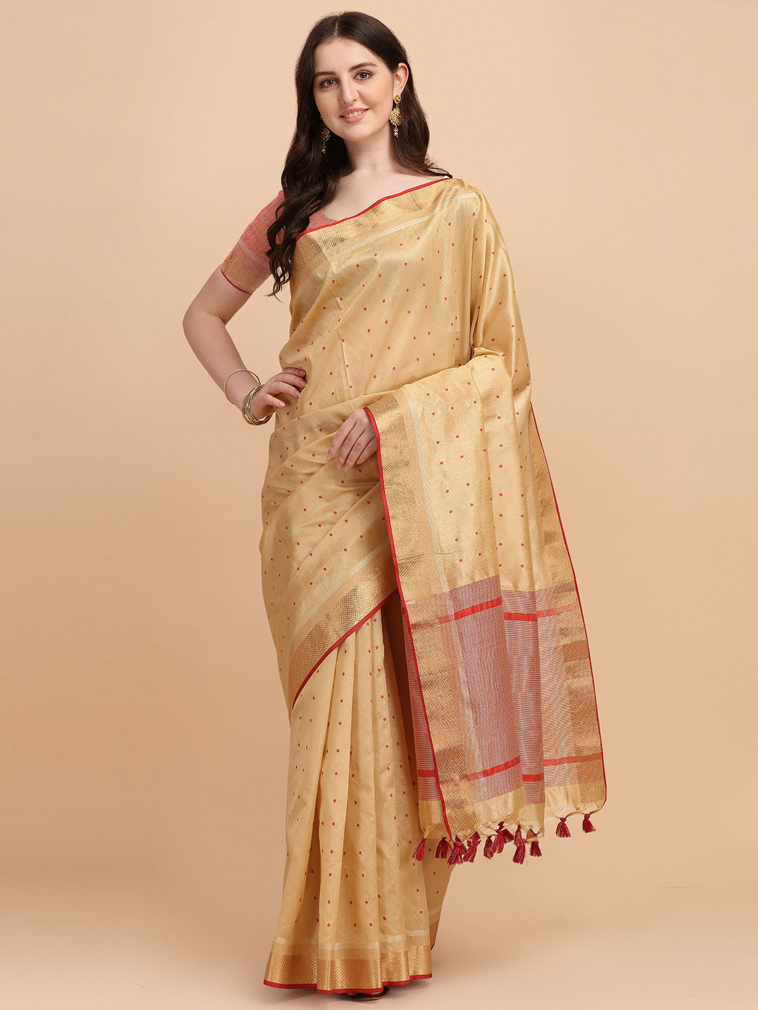 

VISHNU WEAVES Woven Design Zari Silk Cotton Bandhani Saree, Cream