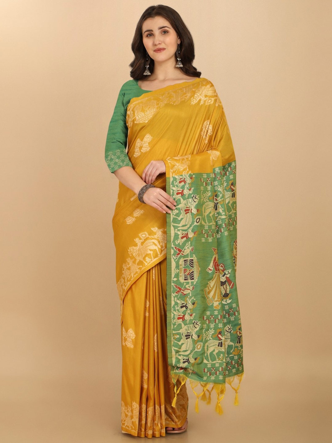 

VISHNU WEAVES Woven Design Zari Bhagalpuri Saree, Mustard