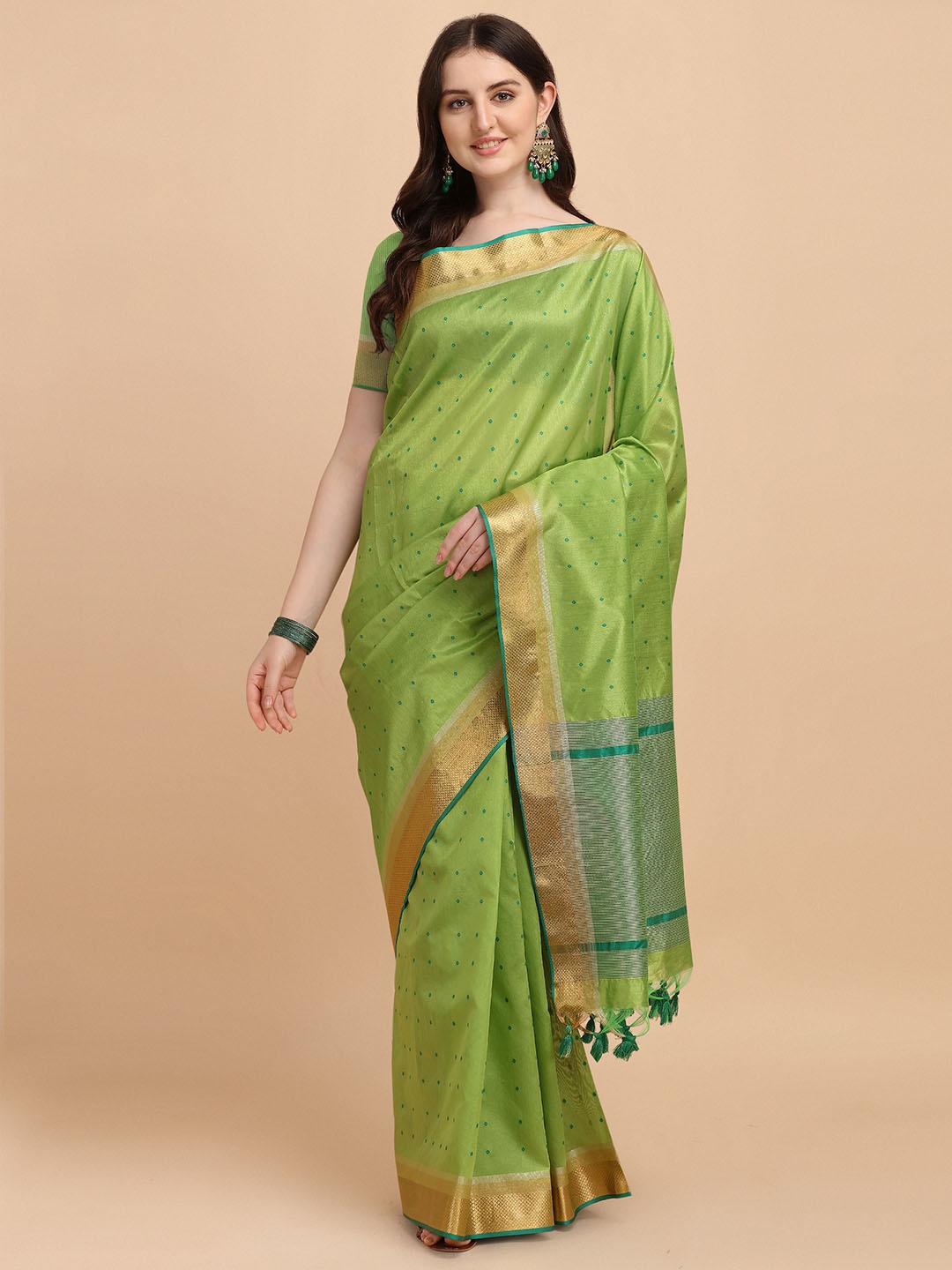 

VISHNU WEAVES Woven Design Zari Silk Cotton Bandhani Saree, Green