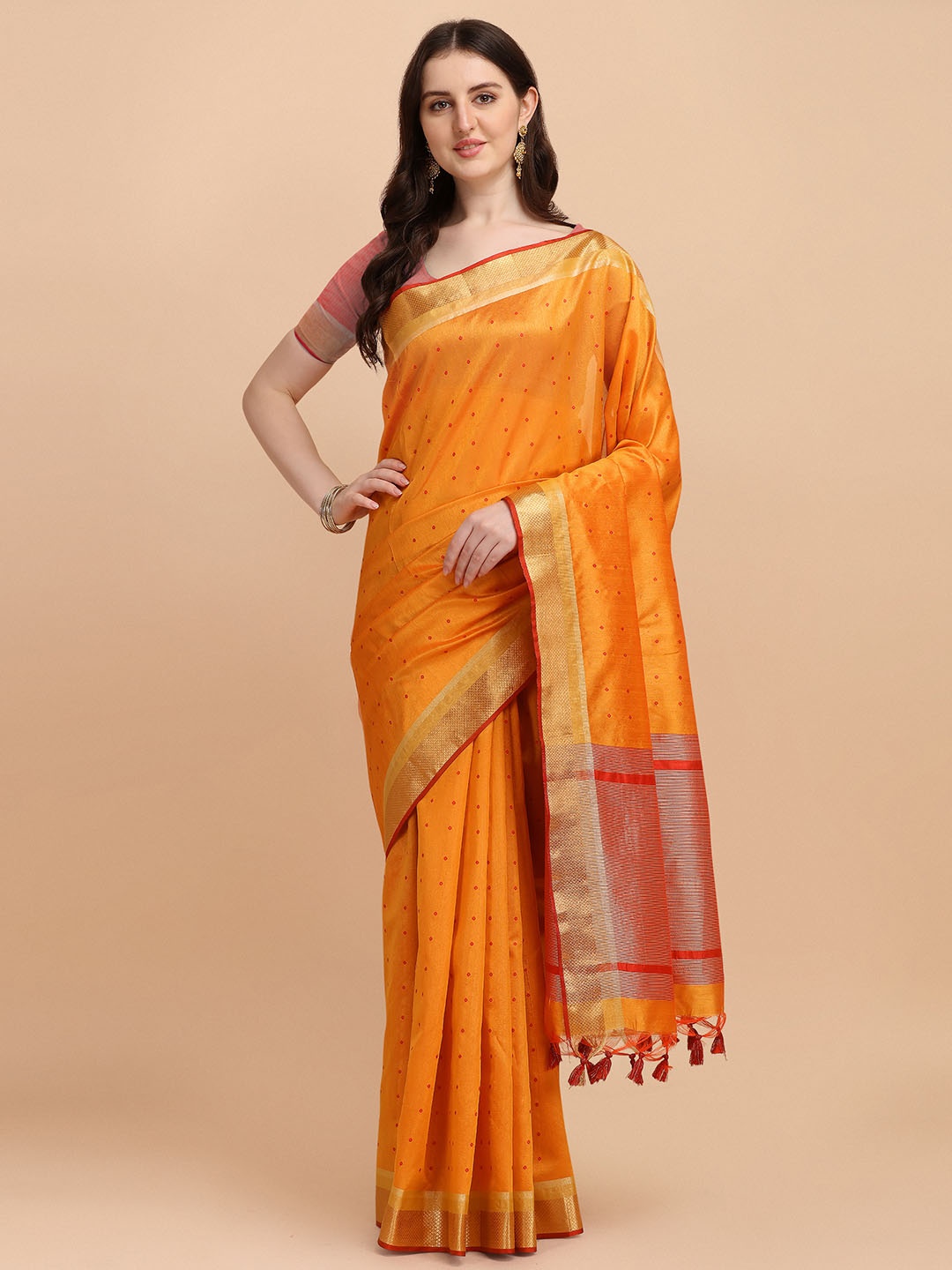 

VISHNU WEAVES Woven Design Zari Silk Cotton Bandhani Saree, Mustard