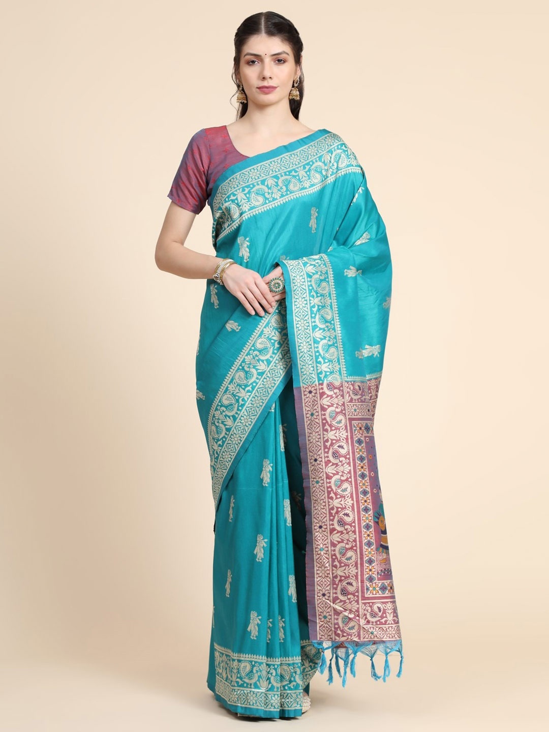 

VISHNU WEAVES Ethnic Motifs Woven Design Zari Bhagalpuri Saree, Turquoise blue