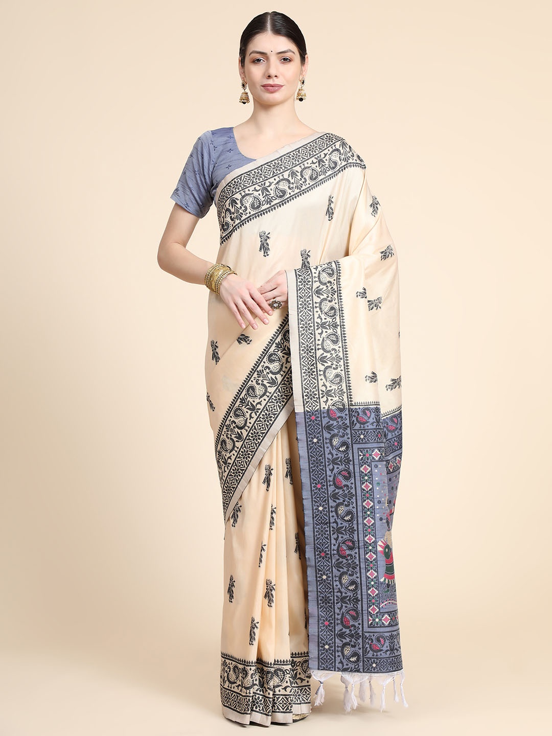 

VISHNU WEAVES Woven Design Zari Bhagalpuri Saree, Off white