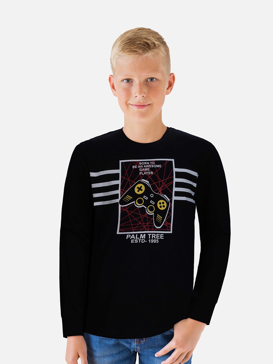 

Palm Tree Boys Printed Long Sleeves Cotton T-shirt, Black