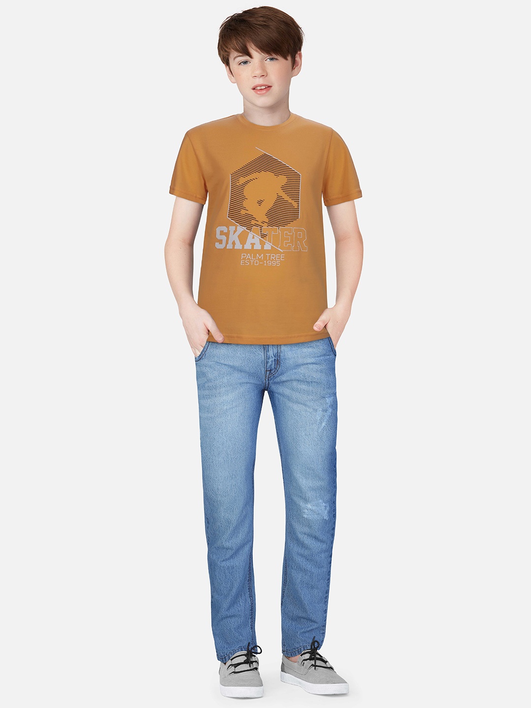 

Palm Tree Boys Graphic Printed Cotton T-shirt, Mustard