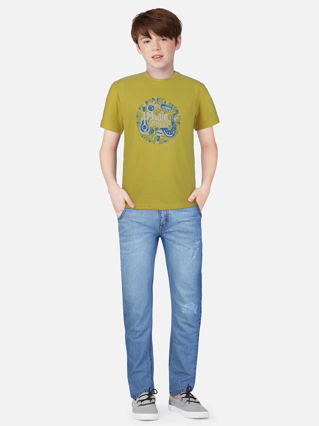 Palm Tree Boys Conversational Printed Cotton T-shirt, Yellow