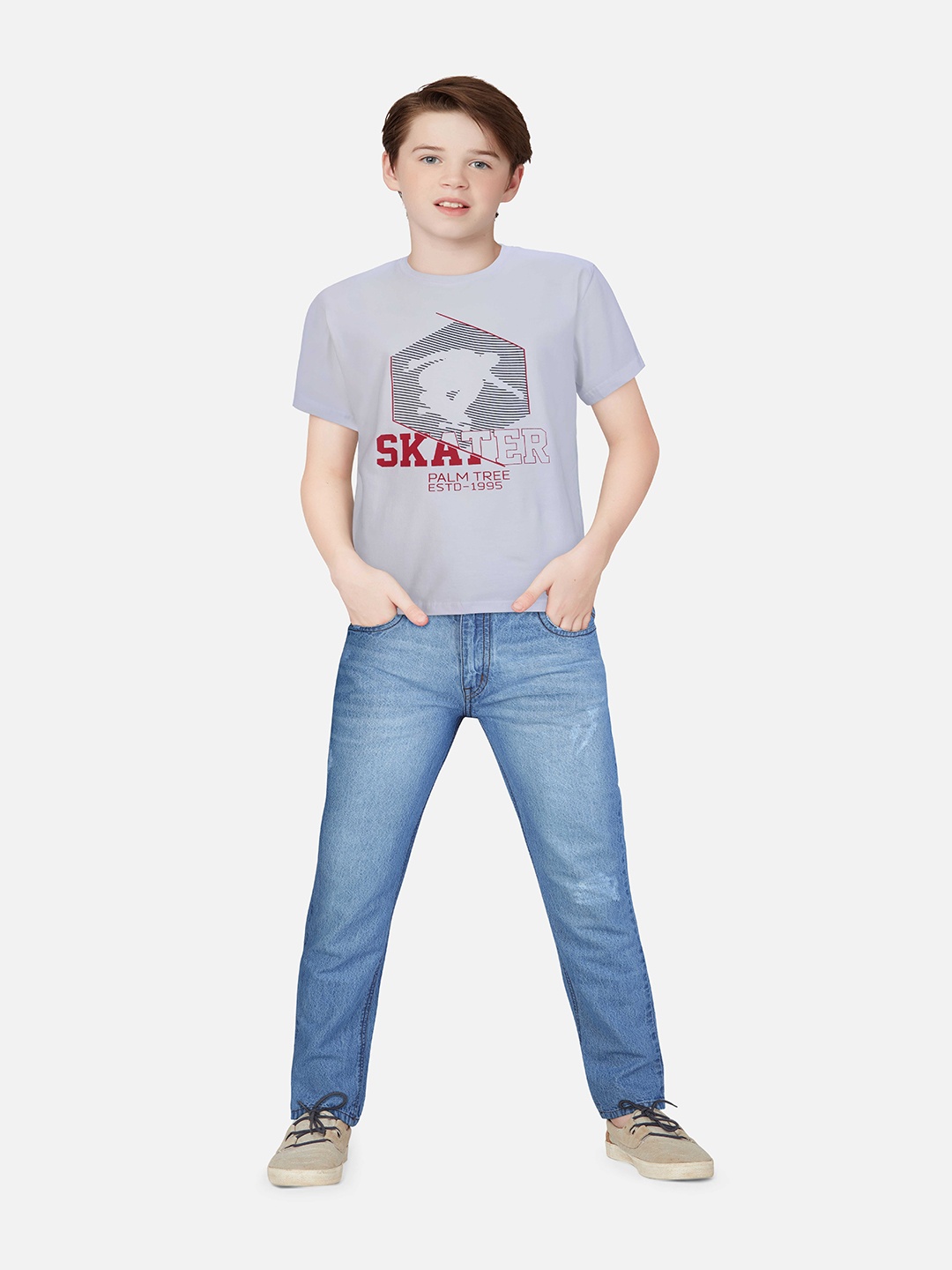 

Palm Tree Boys Round Neck Graphic Printed Cotton T-shirt, White