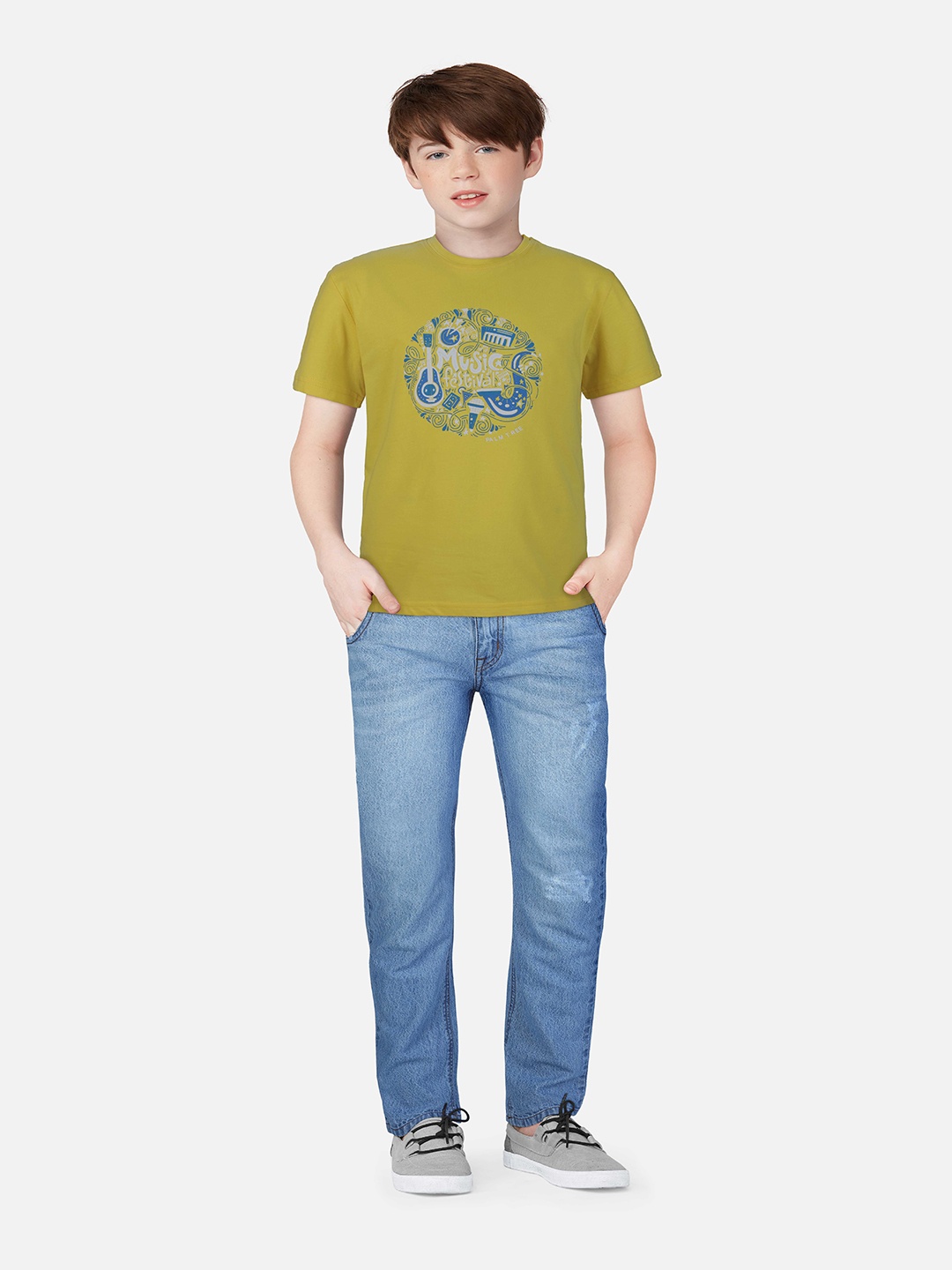 Palm Tree Boys Printed Round Neck Cotton T-shirt, Yellow