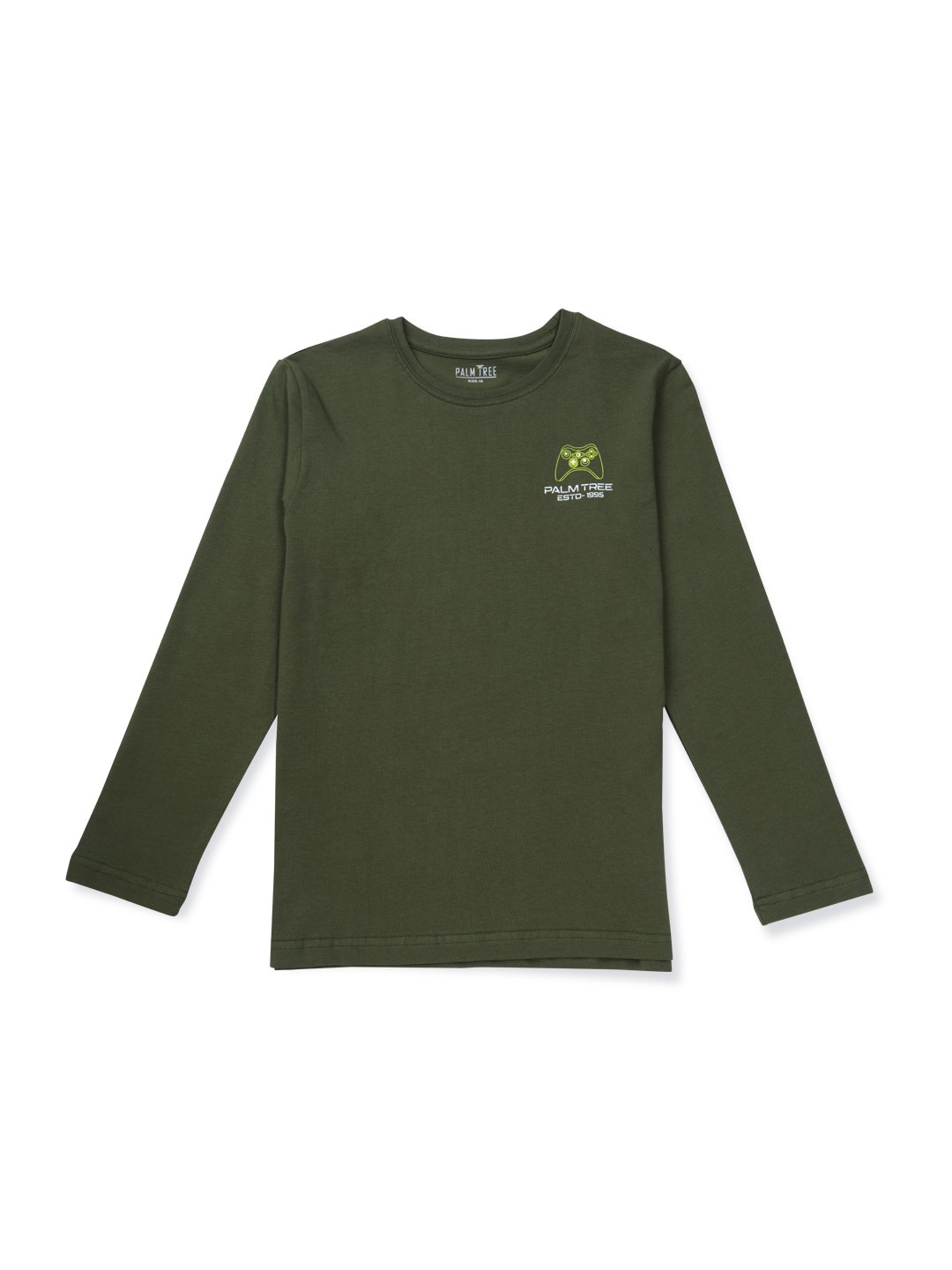 

Palm Tree Boys Round Neck Long Sleeves Typography Printed Cotton T-shirt, Olive