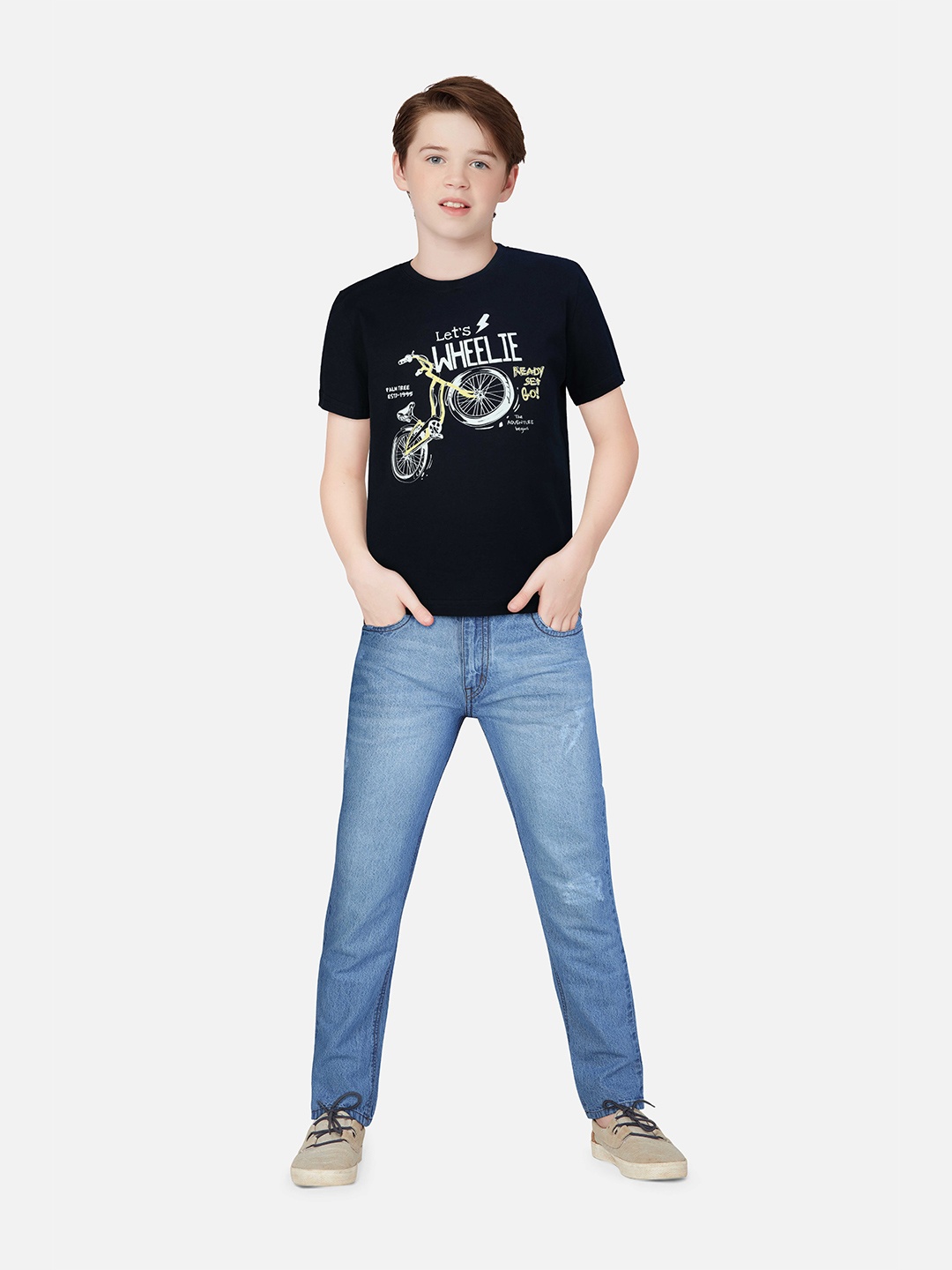 

Palm Tree Boys Biker Printed Round Neck Cotton T-shirt, Black