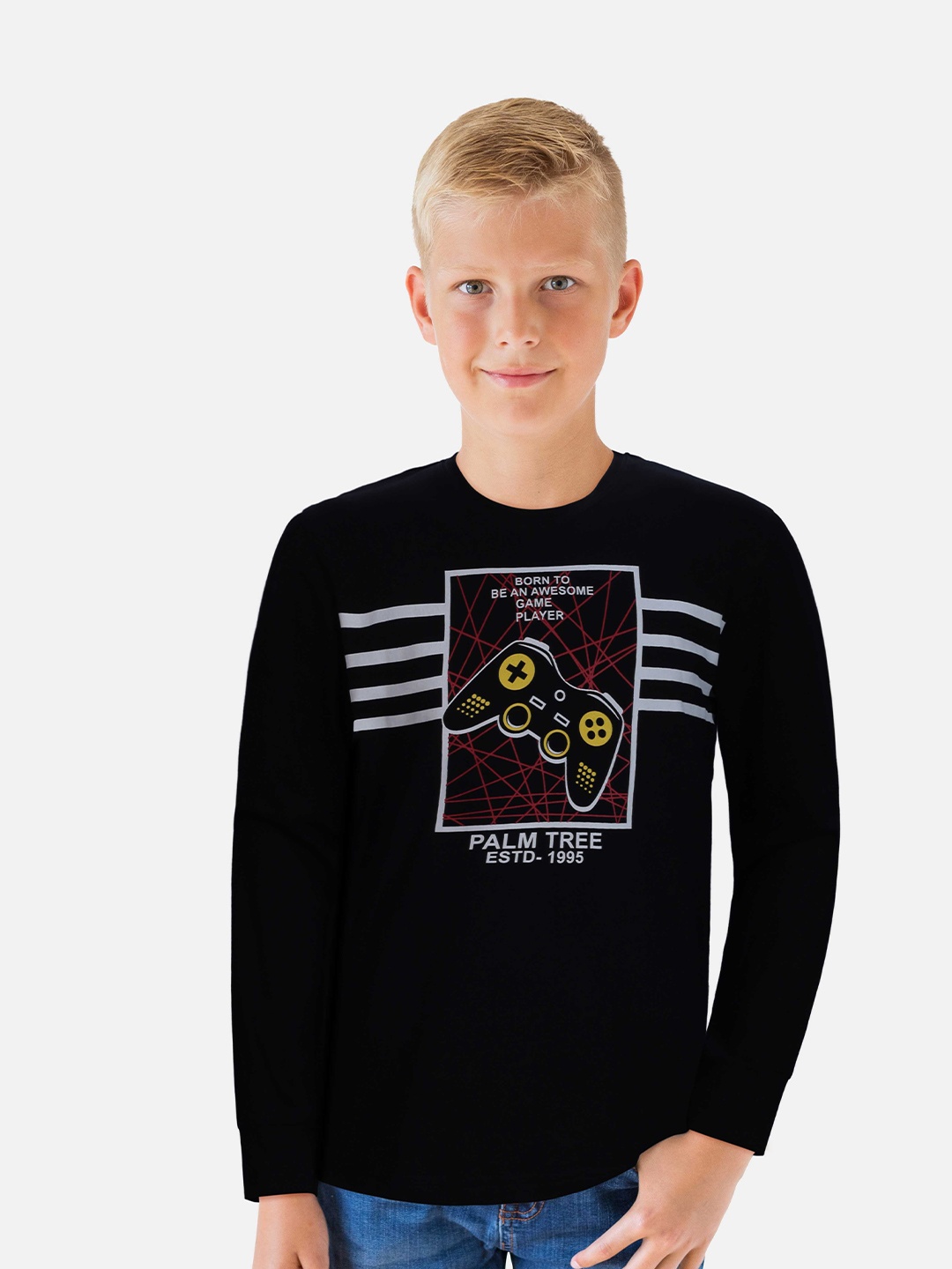 

Palm Tree Boys Graphic Printed Cotton T-shirt, Black