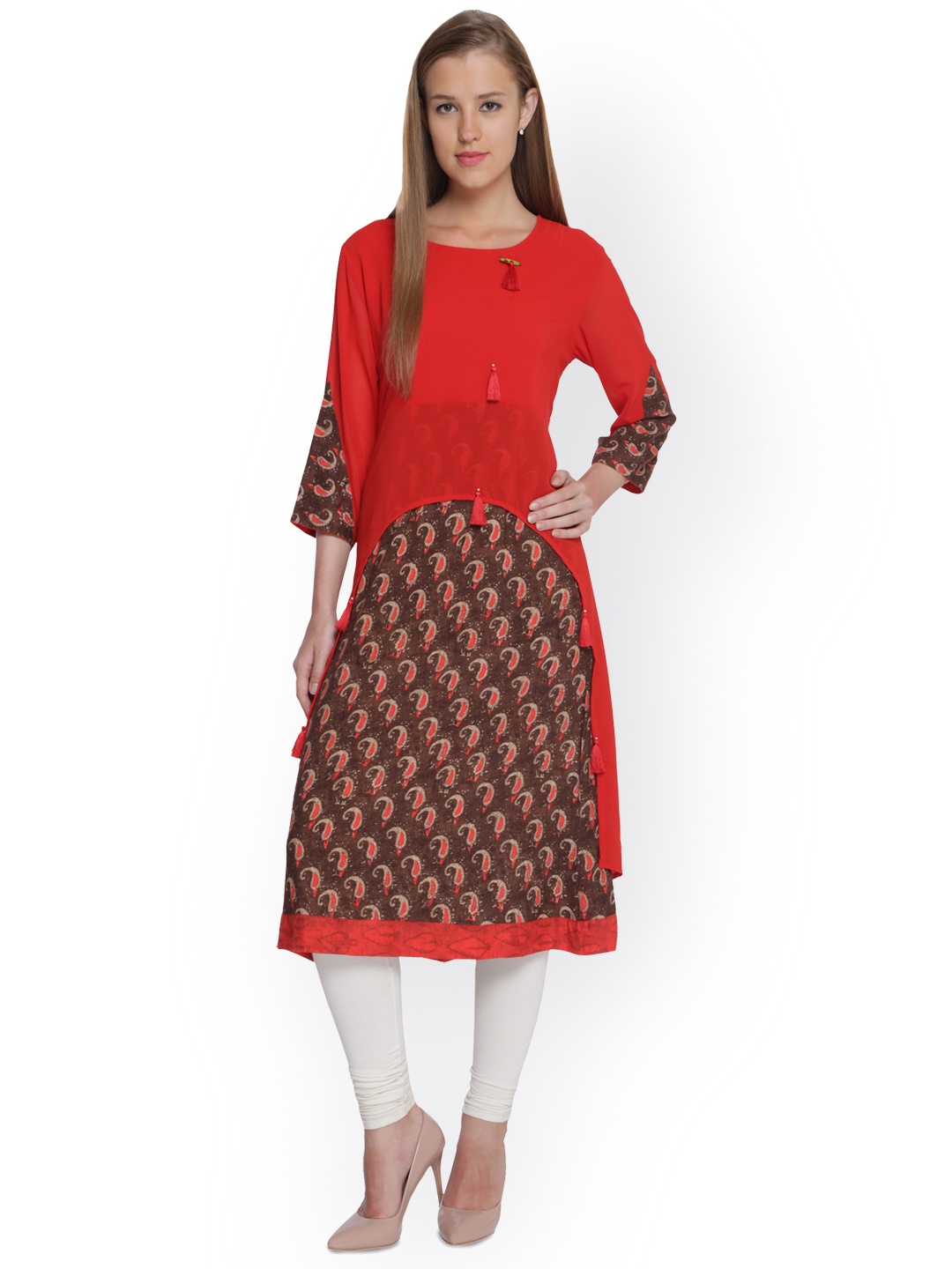 

shiloh Women Red Ethnic Print Anarkali Layered Kurta