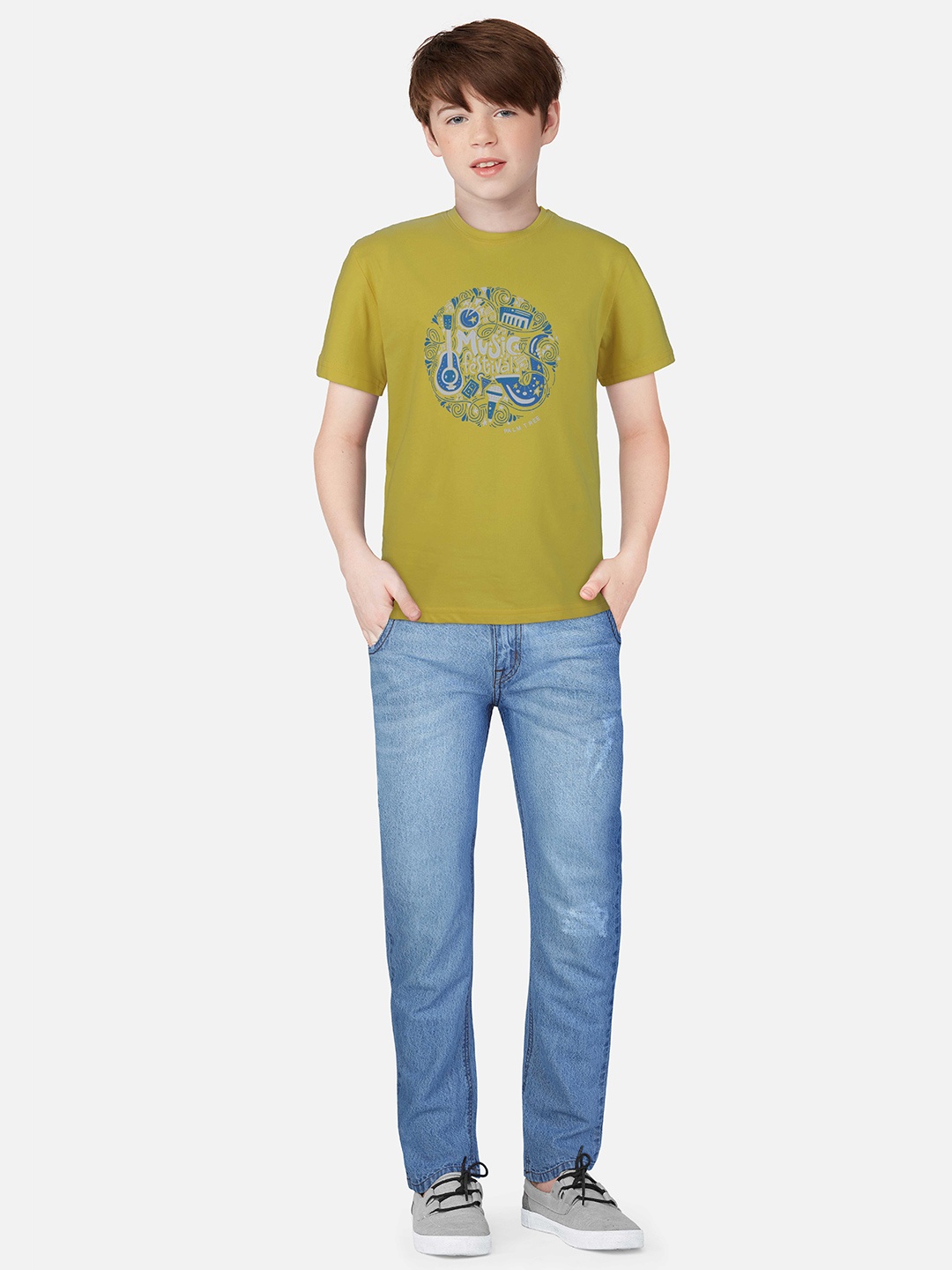 

Palm Tree Boys Typography Printed Round Neck Cotton T-shirt, Yellow