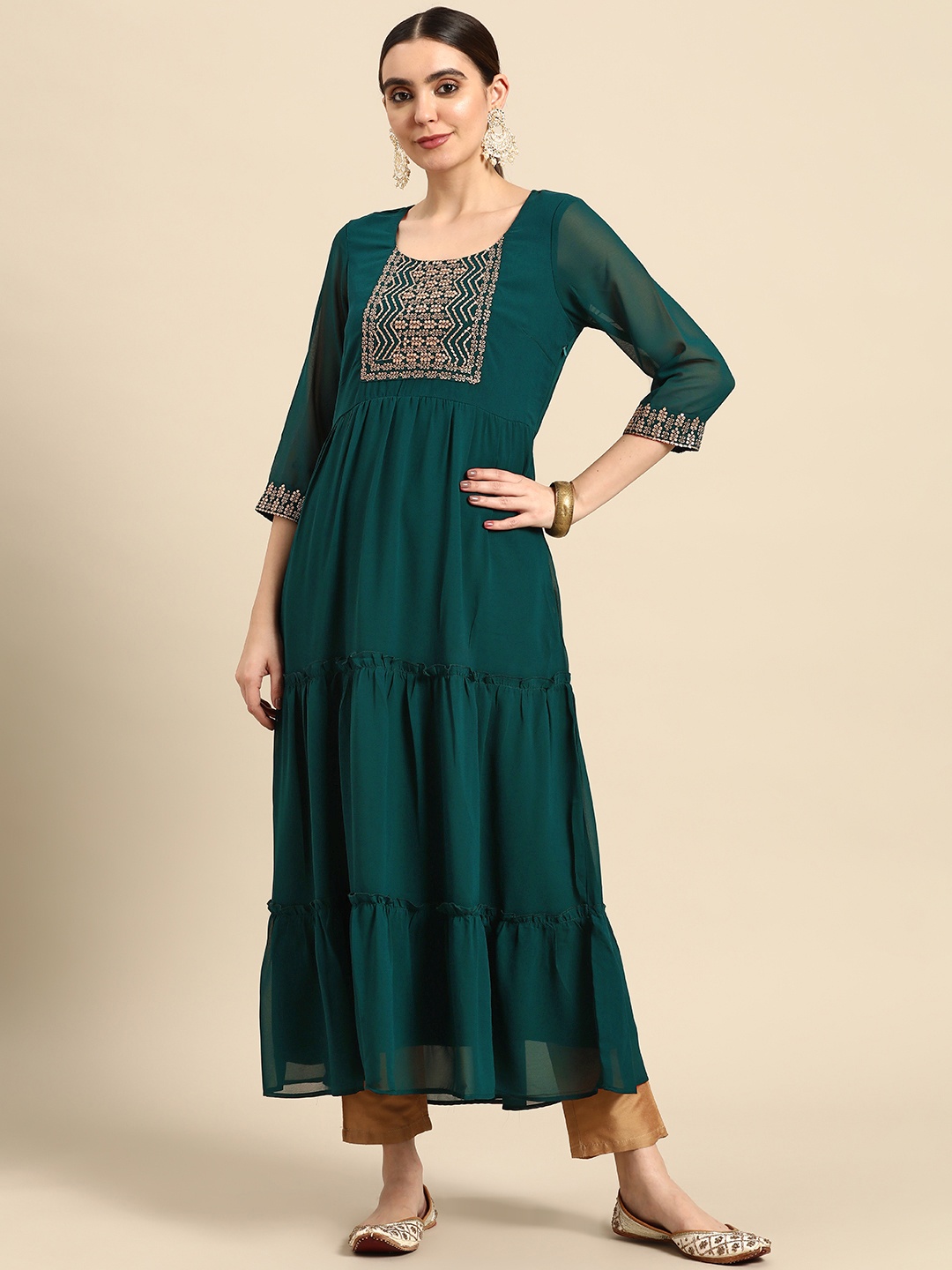 

Anouk Women Ethnic Motifs Embroidered Tiered Kurta, Green