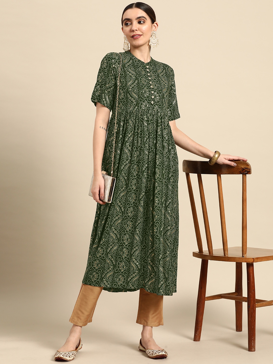 

Anouk Bandhani Foil Printed Kurta, Olive