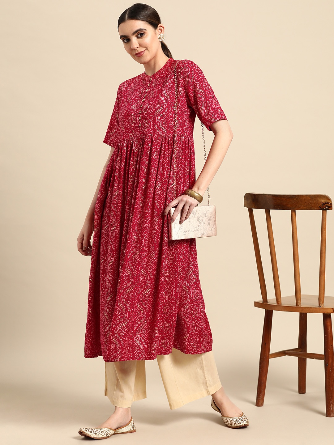 

Anouk Women Bandhani Foil Printed Kurta, Pink