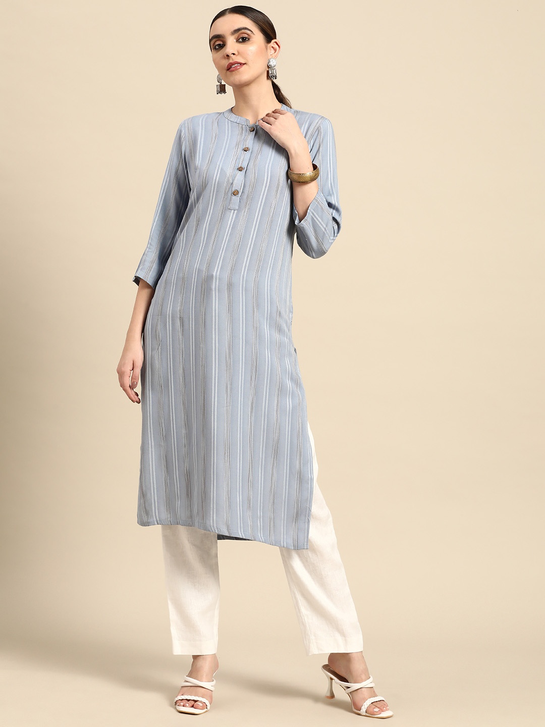 

Anouk Women Striped Embroidered Kantha Work Pastel Kurta, Grey