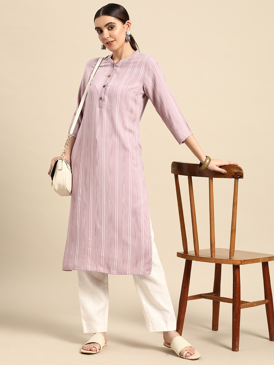

Anouk Women Striped Embroidered Kantha Work Pastel Kurta, Lavender