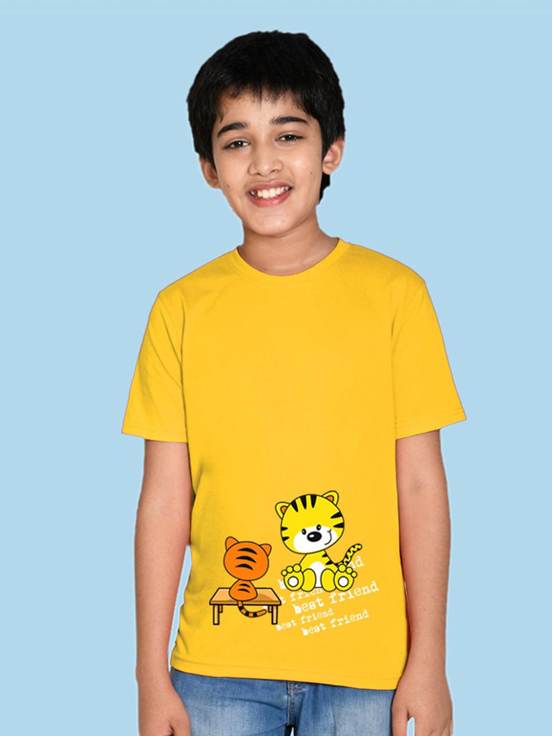 

NUSYL Boys Cat Printed Short Sleeve Casual T-shirt, Yellow