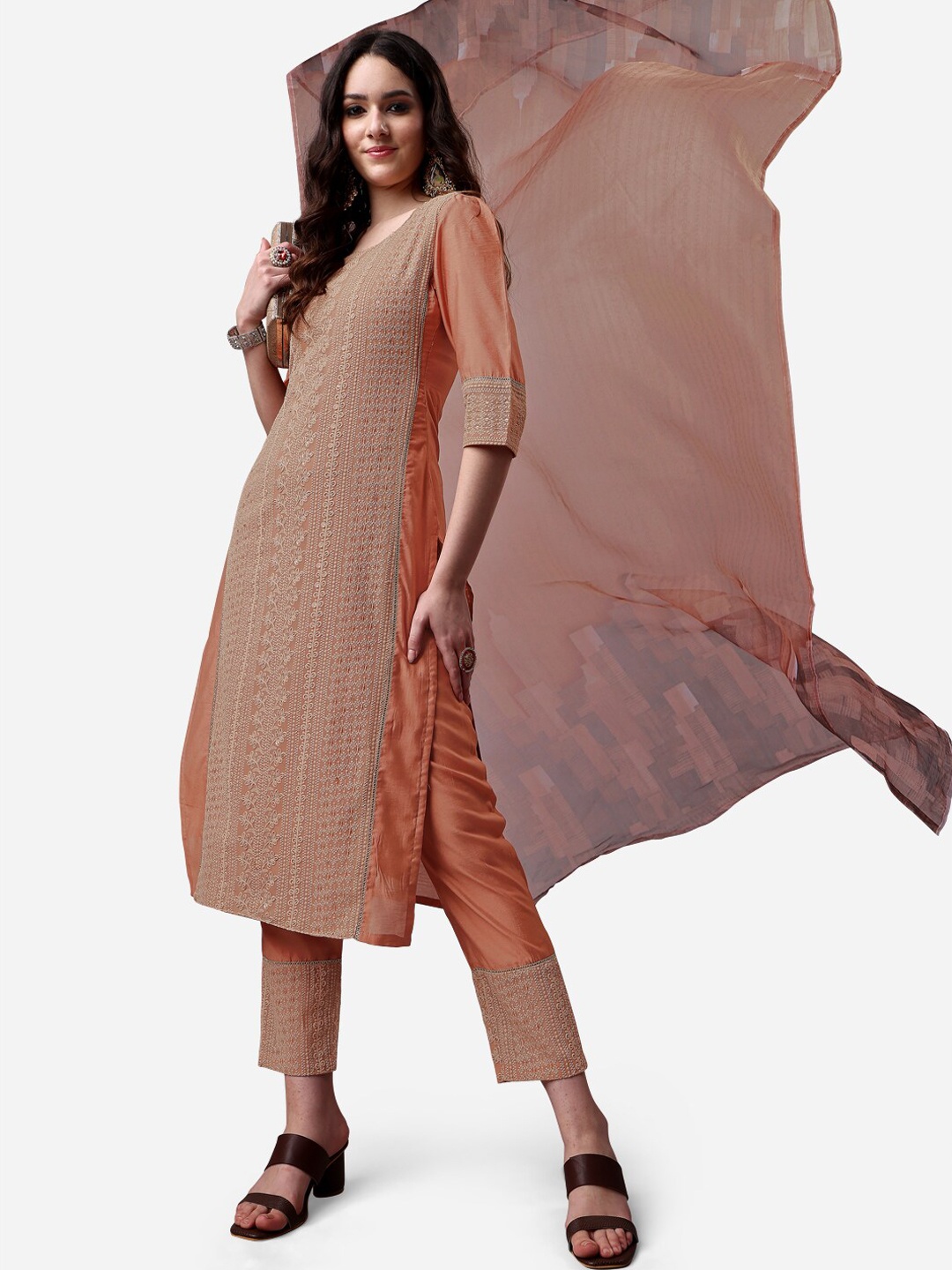 

HERE&NOW Lucknowi Chikankari Schiffli Chanderi Silk Kurta Trousers with Organza Dupatta, Brown