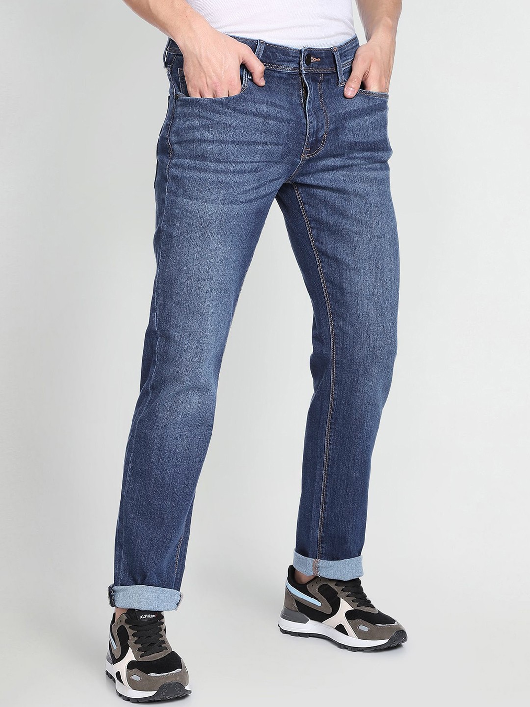 

Flying Machine Mid Rise Freddie Slim Straight Fit Luxe Jeans, Blue
