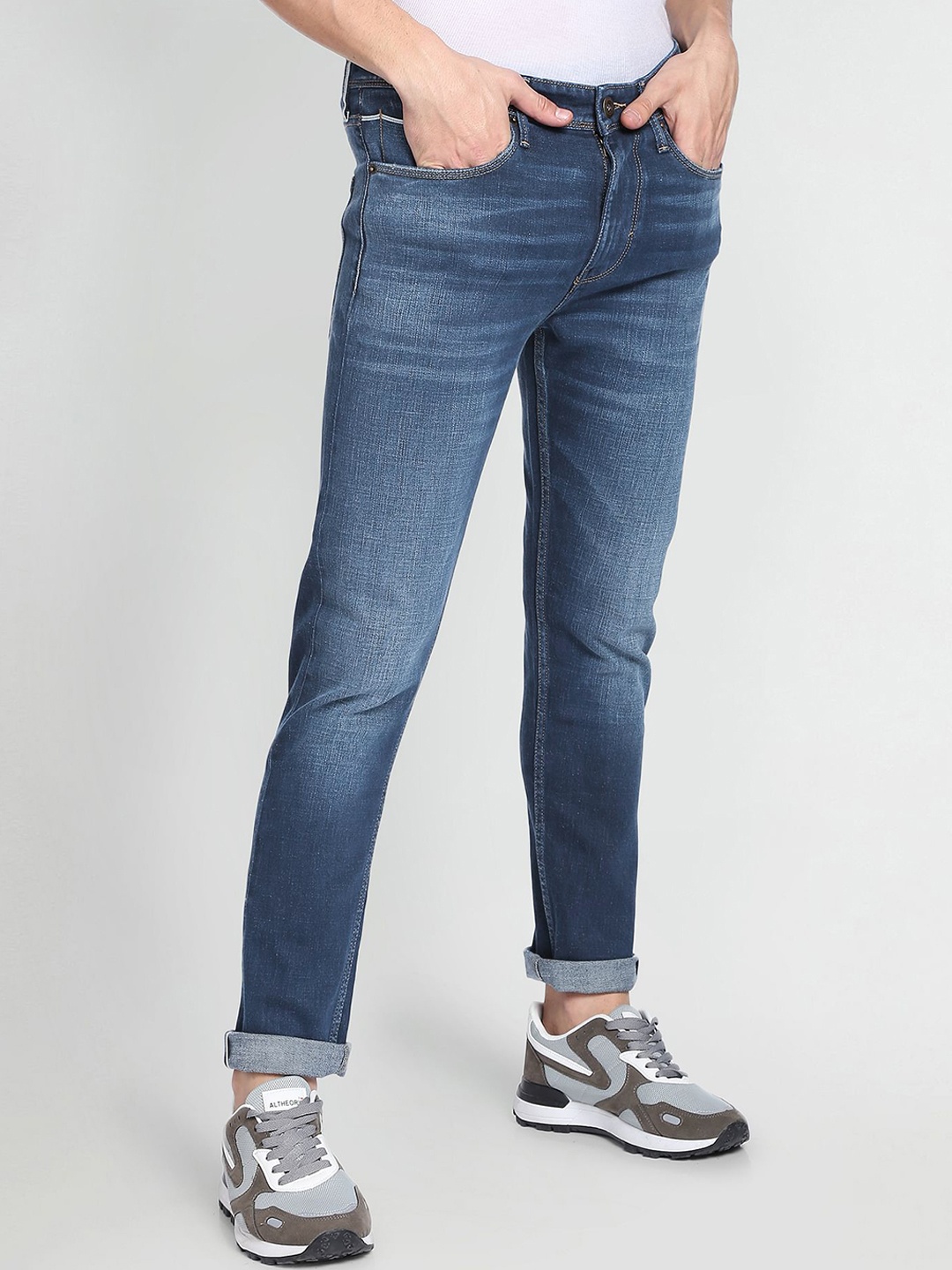 

Flying Machine Stone Wash Slash Slim Tapered Fit Selvage Jeans, Blue