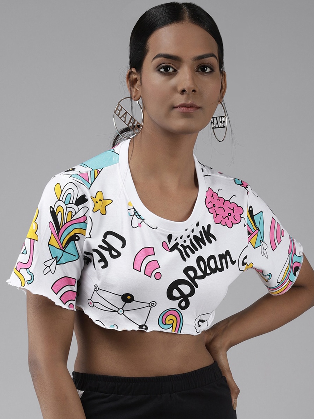 

The Dry State Women Conversational Printed Loose Fitted Crop Length Cotton T-shirt, White