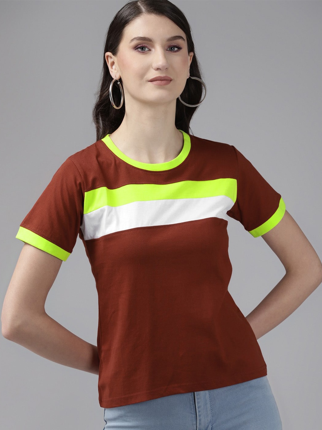 

The Dry State Women Colourblocked Cotton T-shirt, Rust