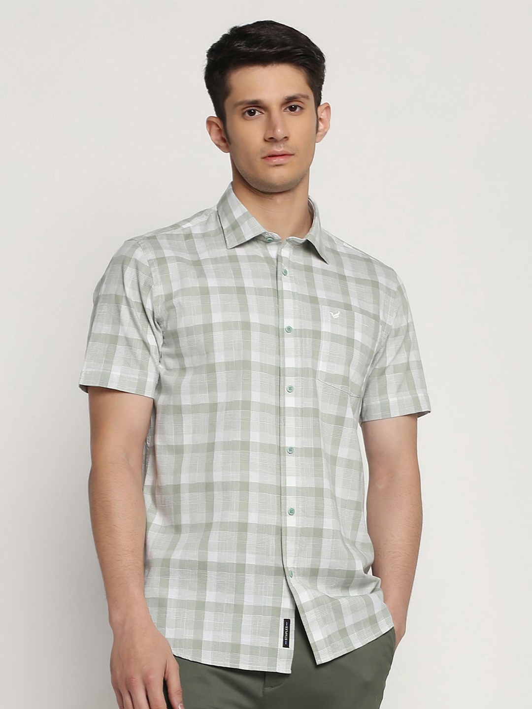

Blackberrys Men Slim Fit Tartan Checked Cotton Casual Shirt, Olive