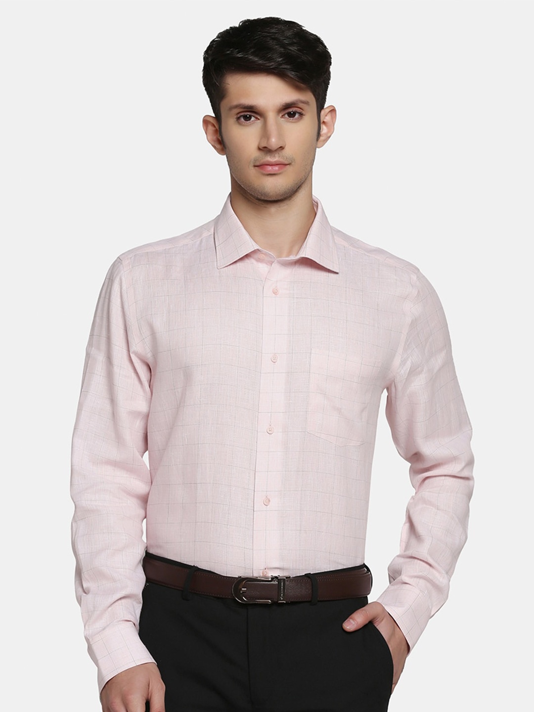 

Blackberrys Grid Tattersall Checks Slim Fit Linen Formal Shirt, Pink