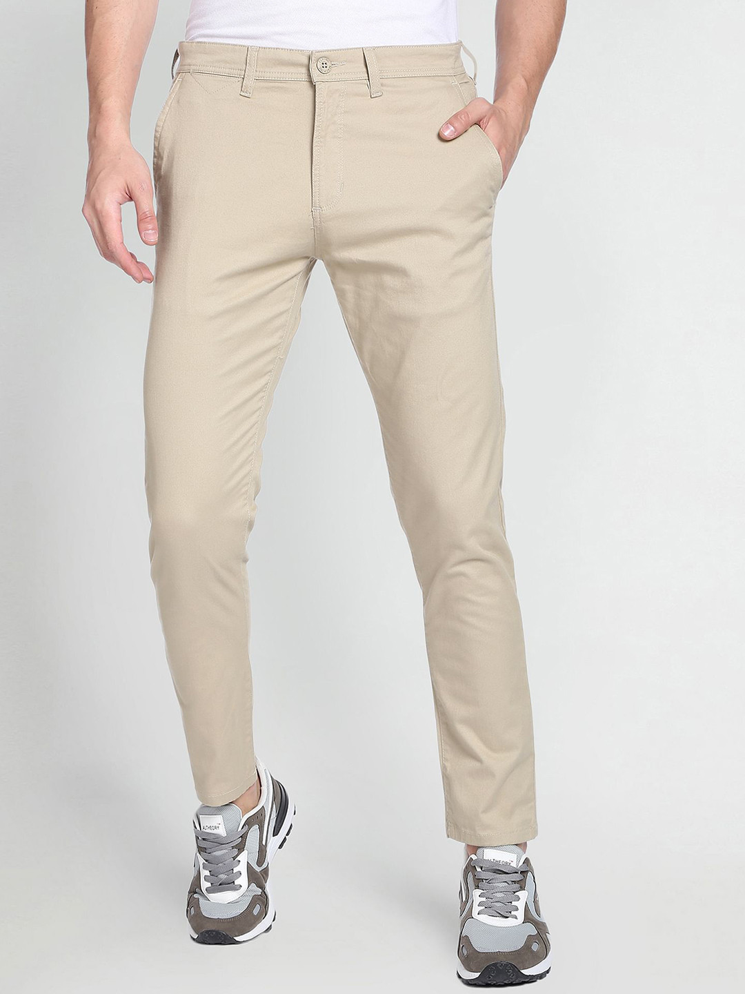

Flying Machine Super Slim Fit Solid Casual Trousers, Beige