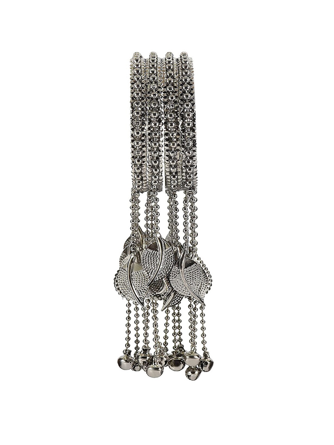 

NMII Set Of 4 Silver-Plated Beaded & Latkan Details Kaleere Bangles