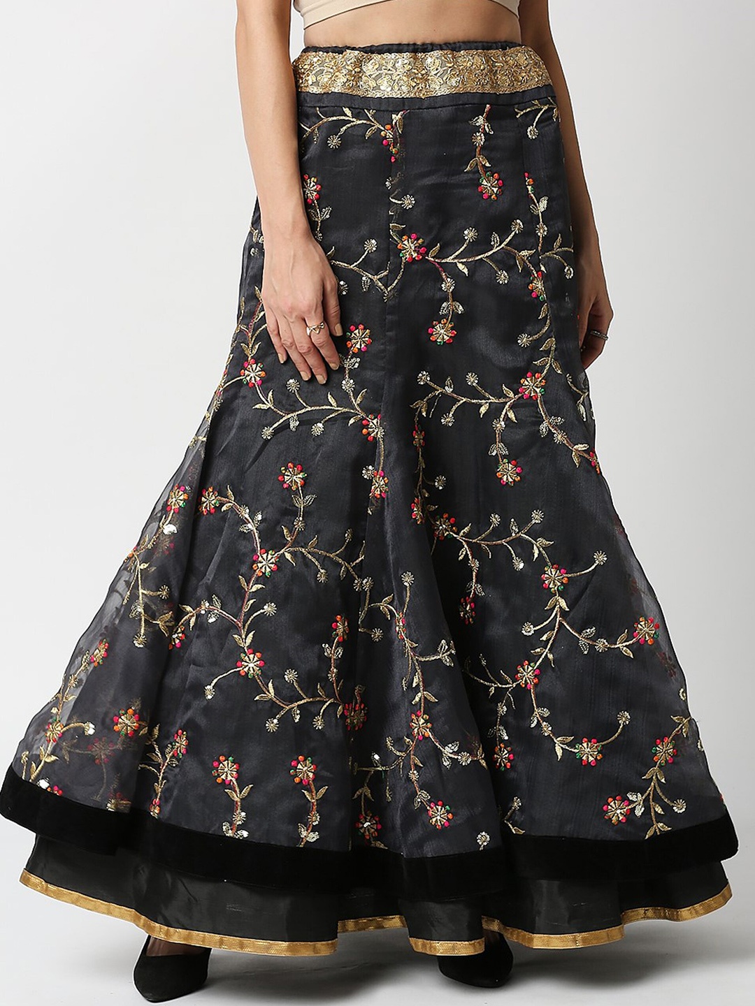 

Ira Soleil Embroidered Flared Maxi Skirt, Grey