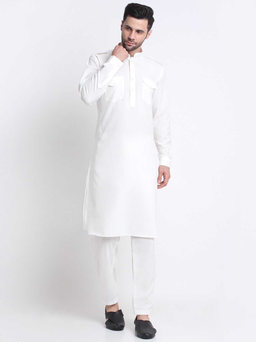 

KRAFT INDIA Mandarin collar Pathani Cotton Kurta with Salwar, White