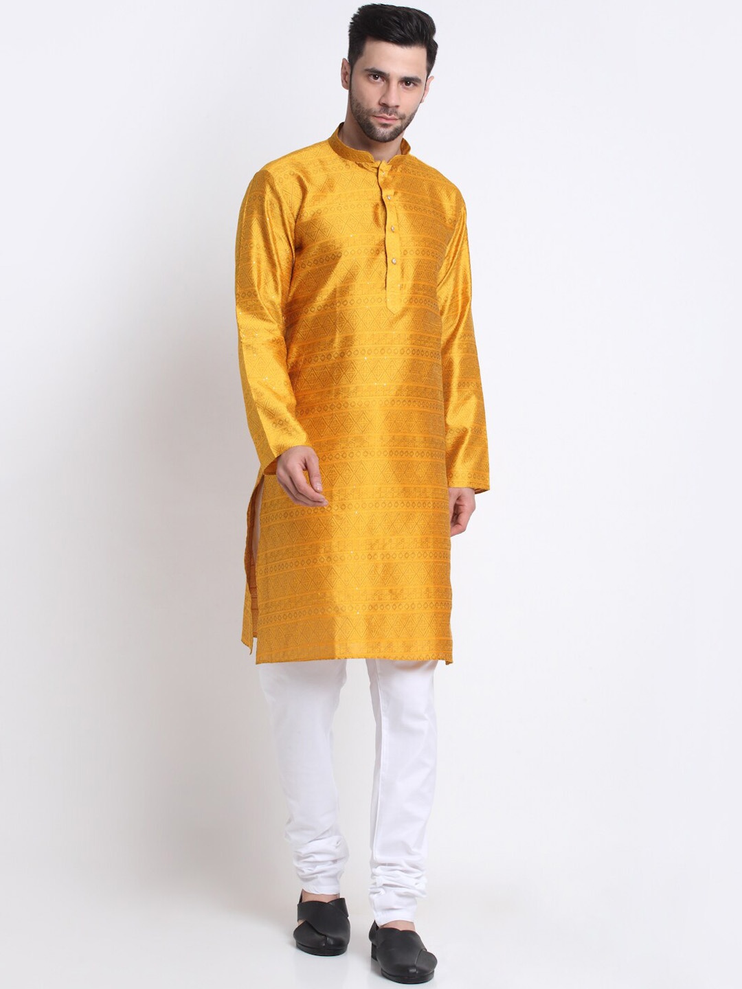 

KRAFT INDIA Woven Design Mandarin Collar Kurta With Churidar, Yellow