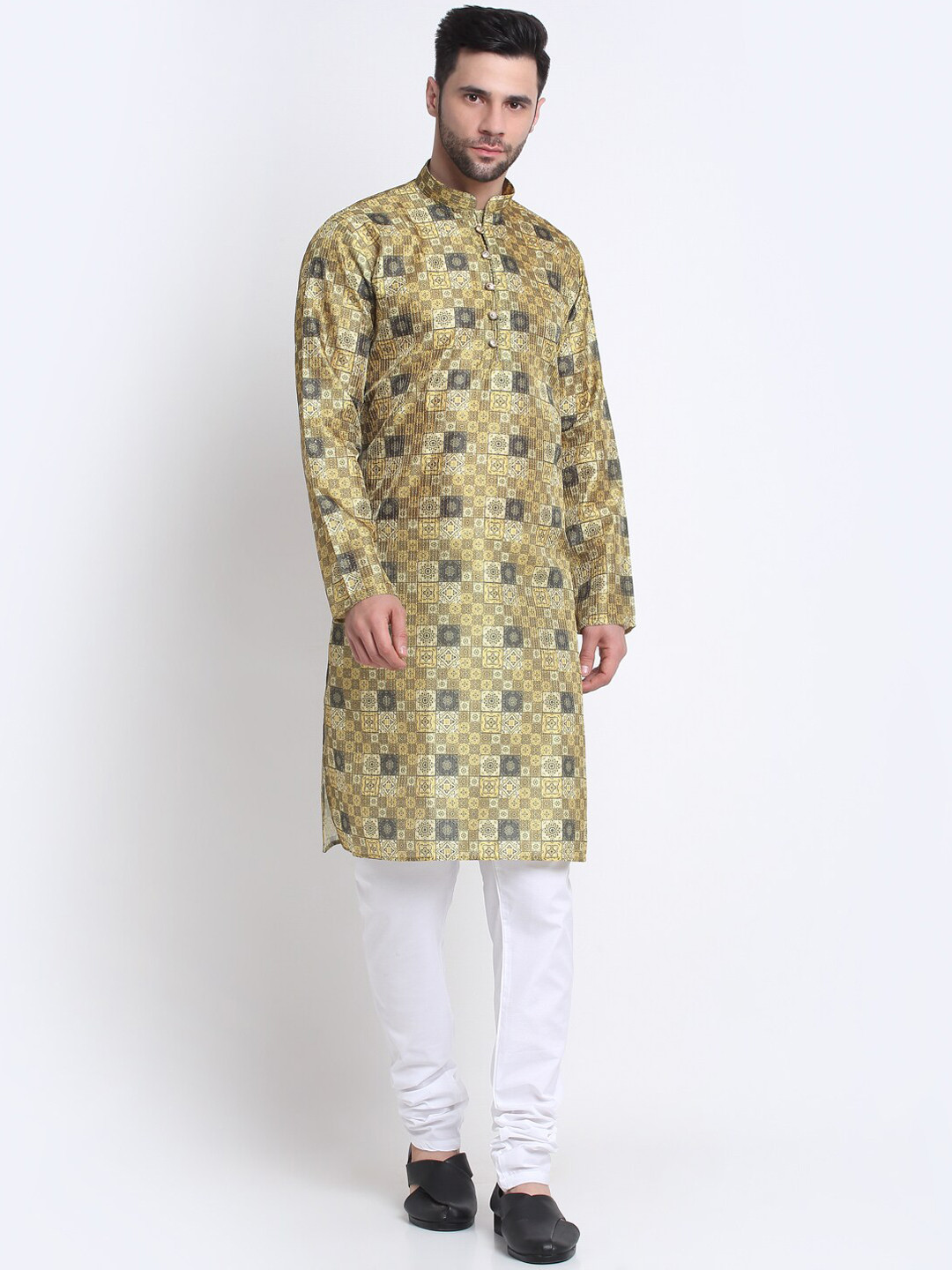 

KRAFT INDIA Ethnic Motifs Printed Thread Work Kurta With Churidar, Yellow